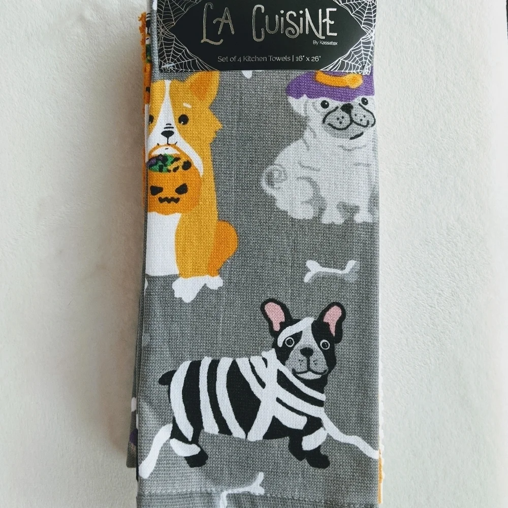 Boston Terrier Pug Halloween Theme Kitchen Towels Set of 4 Textured Cotton NWT